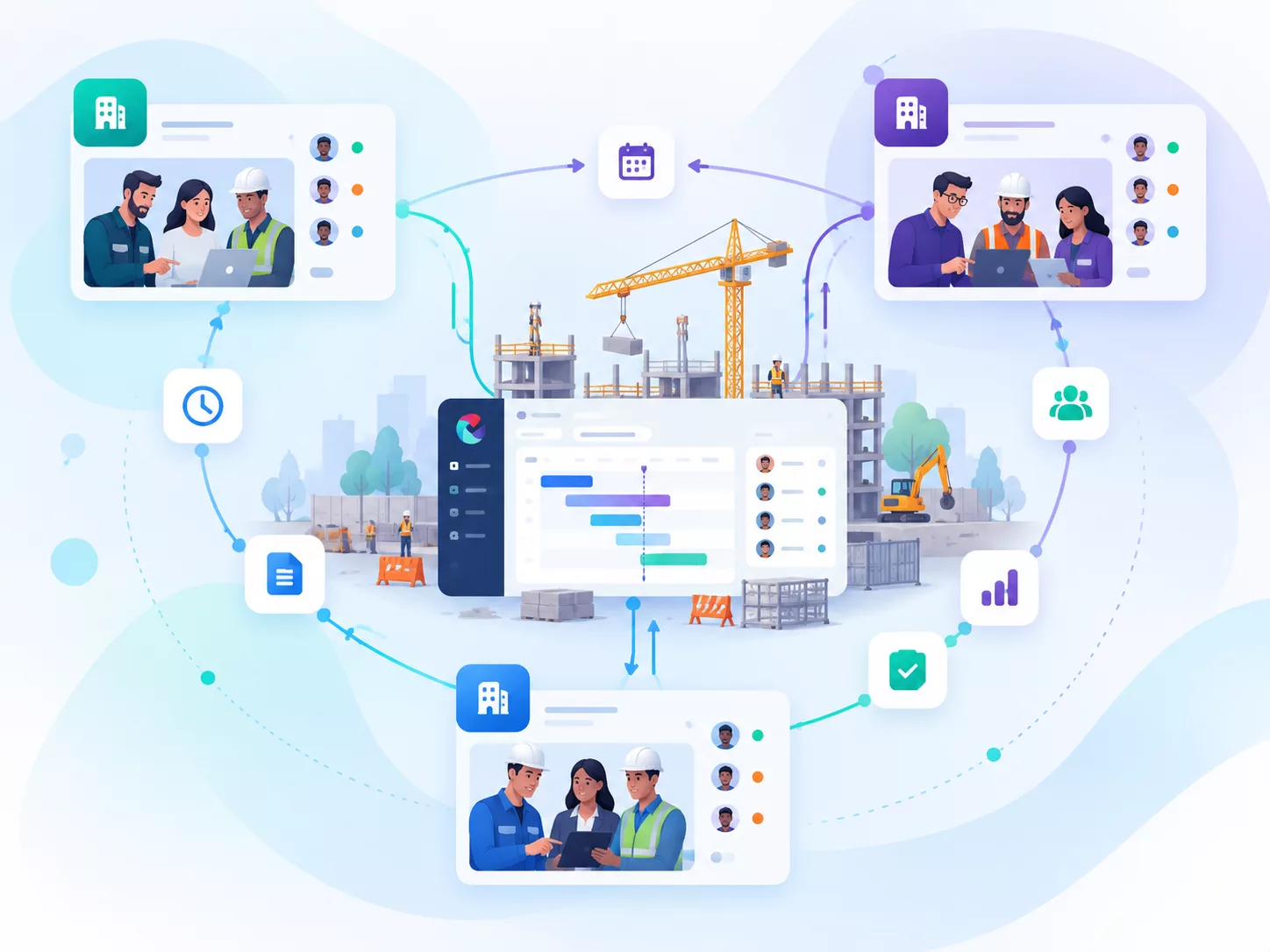 Illustration du partage de chantier entre entreprises avec Techtime, montrant plusieurs équipes connectées autour d’un même chantier, d’un planning partagé et d’outils de suivi collaboratifs.